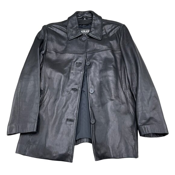 Adler Coat Women Medium Black Leather Logo Button Casual Everyday Jacket 90s VTG - Picture 1 of 12